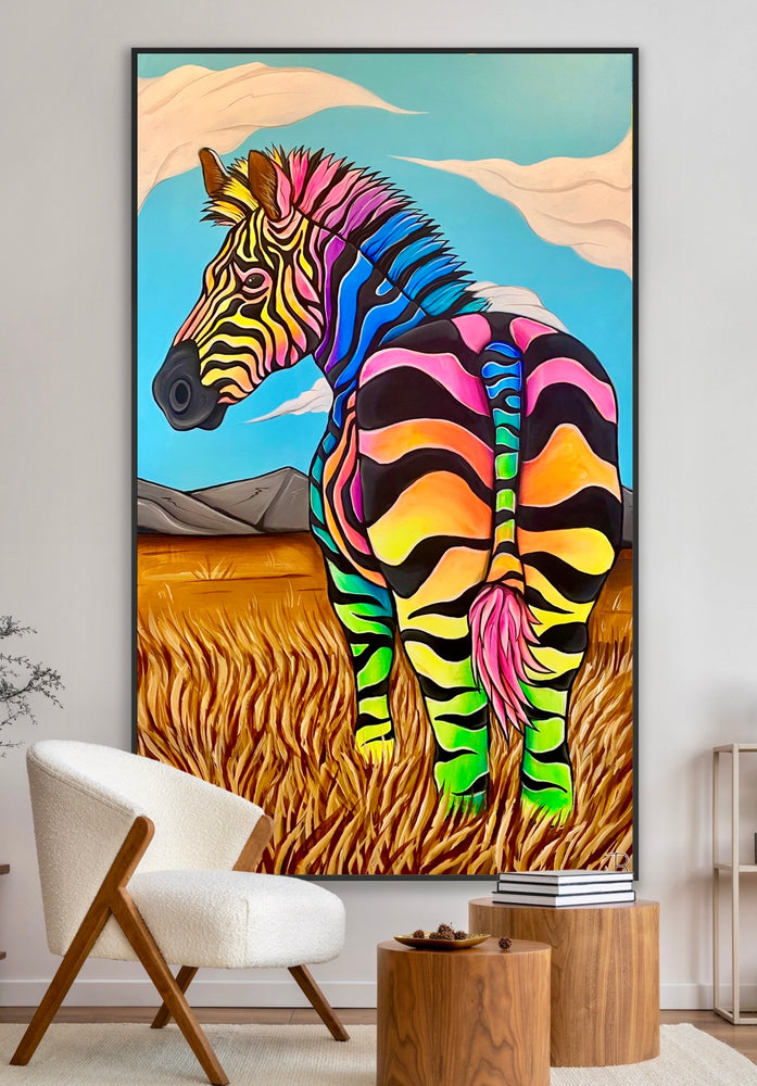 Psykedelisk maleri af en farverig zebra